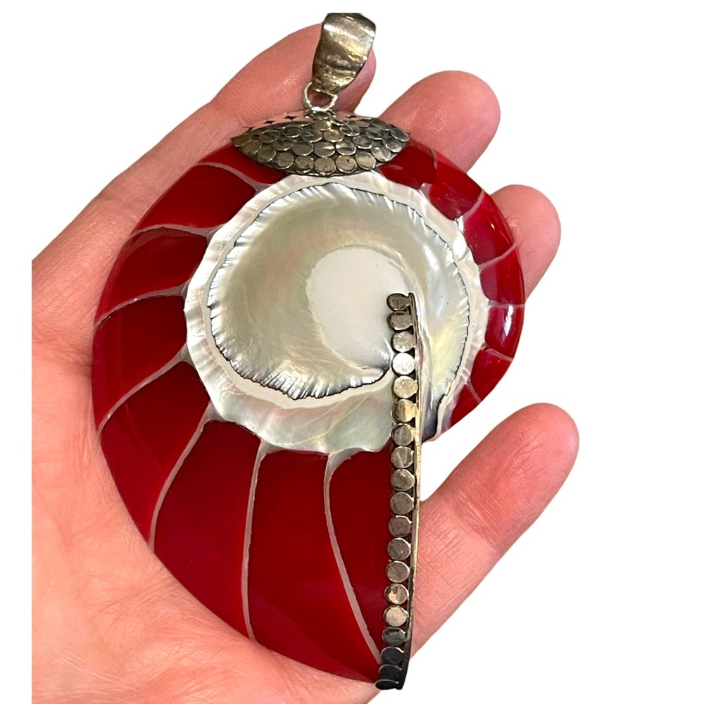 Red sterling silver 925 XL fancy Nautilus Shell necklace pendant